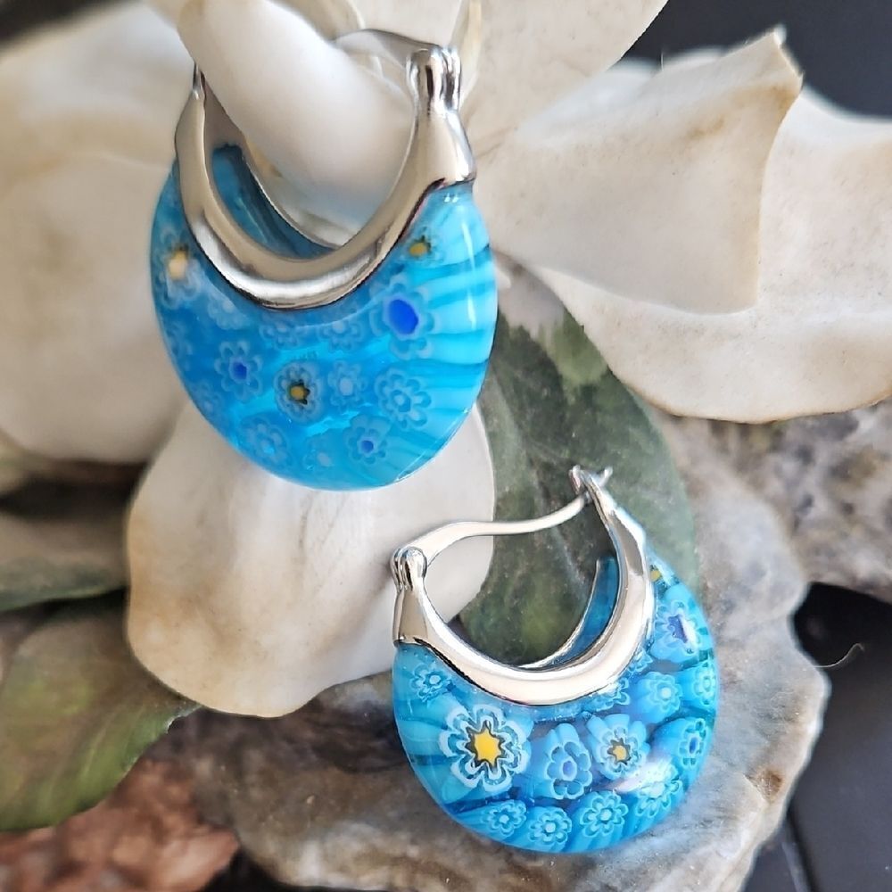 NWOT Blue Floral Hoop Earrings